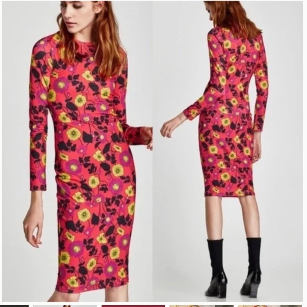 Zara Floral Bodycon Stretch Midi Long Sleeve Dress Size M